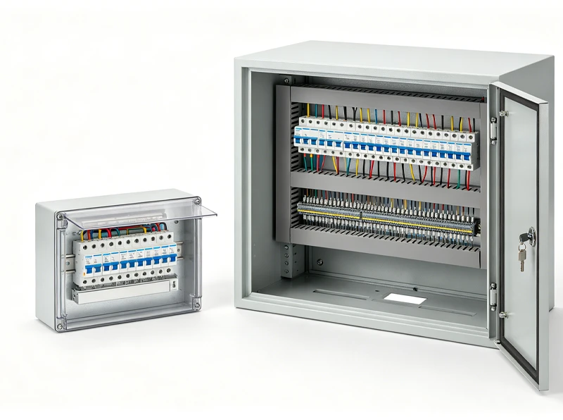 Side-by-side comparison of a compact circuit distribution unit and a full-size electrical panel